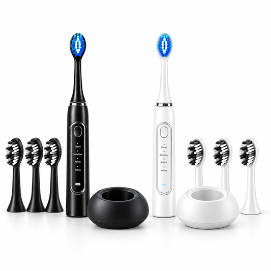 double black white complete SMYLUME bundle: two toothbrushes, eight total LED heads and two wireless docks