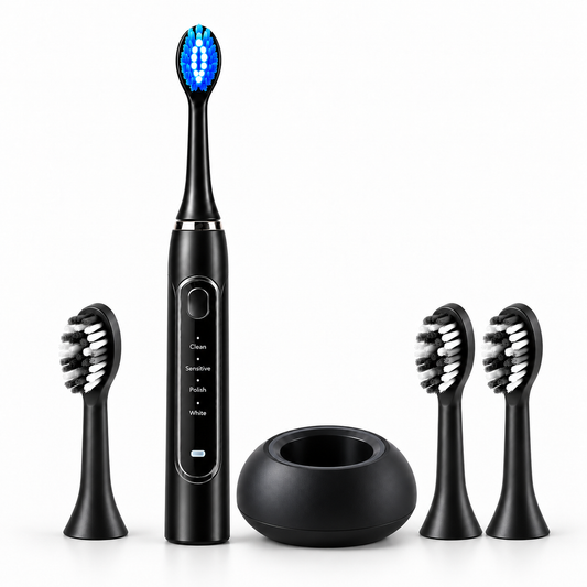 single black complete SMYLUME bundle: one toothbrush, four total LED heads and one wireless dock