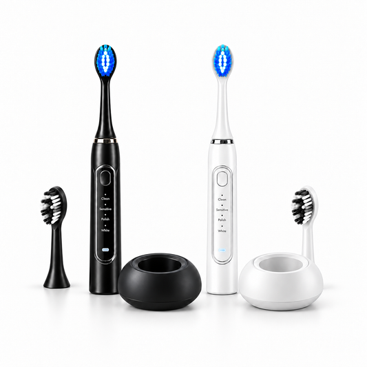 SMYLUME two-toothbrush pack black-white: 2 toothbrushes, 4 total LED heads and 2 docks